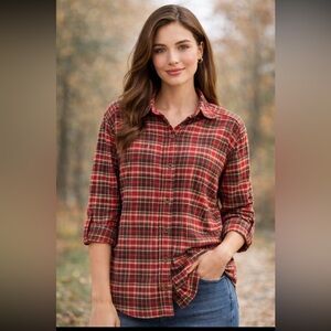 L.L.Bean Outdoors Plaid Flannel Button Shirt Red Brown Cotton — Size M